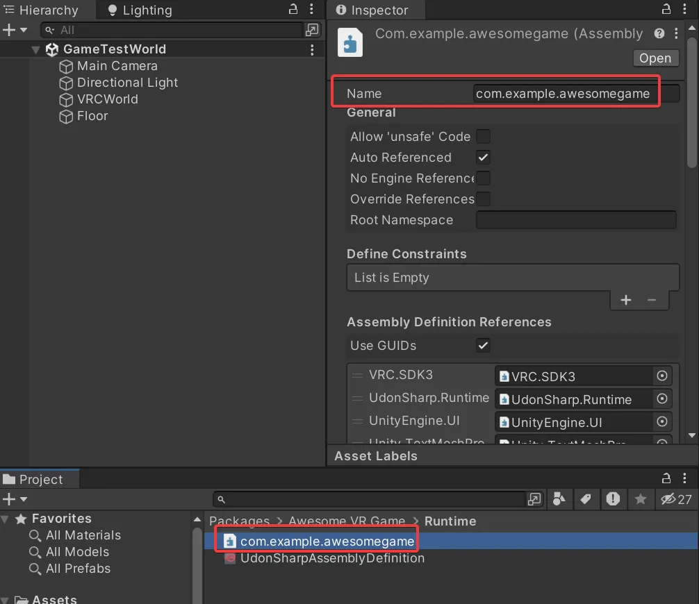 screenshot of the asmdef inspector