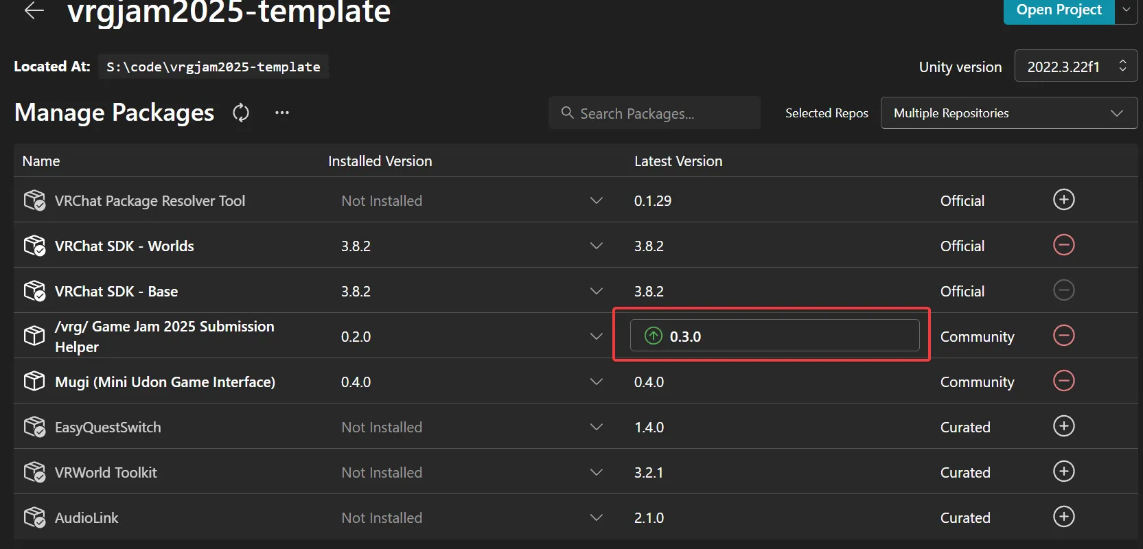 screenshot of VCC Manage Project window with update highlighted